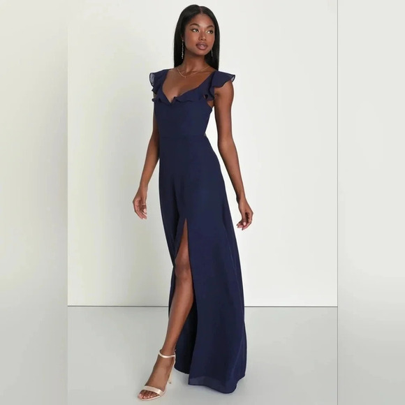 Lulu's Sweetest Entrance Navy Blue Ruffled Tie-Back Maxi Dress M Wedding Party - Picture 3 of 11